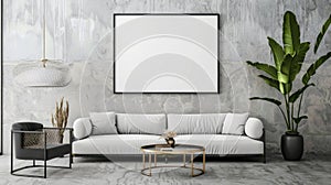 Modern living room interior with large empty frame on concrete wall, white sectional sofa