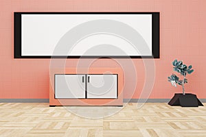 Modern living room interior with a large white board on a orange wall