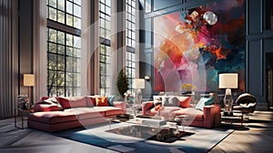 Modern living room interior in luxury house. Comfortable pink sofas, coffee table, floor lamps, large abstract painting