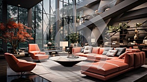 Modern living room interior in luxury house. Comfortable red leather corner sofa and armchairs, coffee table, exotic