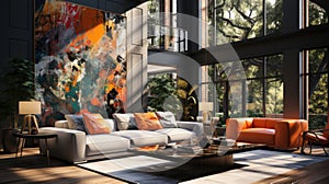 Modern living room interior in luxury open to below house. Comfortable sofas, coffee table, houseplants, large abstract