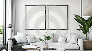 Modern living room interior with mock up poster frame. 3d illustration.