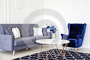 Modern living room interior - navy blue corduroy armchair, sofa with cushions, round table and vase with a bouquet of blue flowers