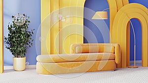 Modern living room interior with orange sofa and floor lamp, yellow arches and blue wall, soap bubbles, 3d render