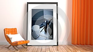 Modern living room interior with orange sofa and frame on empty white wall background. 3D rendering