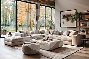 Modern living room interior with panoramic windows in luxury house