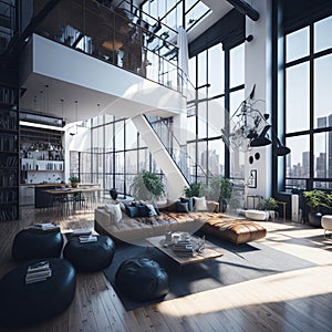 Modern Living Room Interior Of Penthouse Loft, Large Windows, Stairs To Second Floor, Sofa and Armchairs, City View, Generative AI