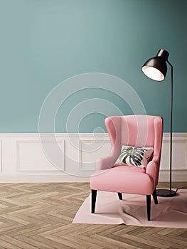 Modern living room interior with pink chair on pastel green wall