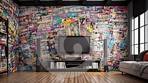 Modern living room interior of real home , huge size of TV display placed on the wallpaper.