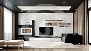 Modern living room interior with sleek furniture and contemporary design, featuring a large TV and minimalist decor