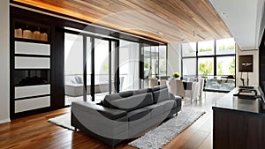 Modern living room interior with sleek furniture, hardwood floors, and large windows with a view