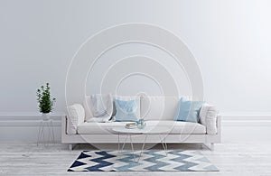 Modern living room interior with sofa, blue pillows, flower, coffee table. White walls and white floor