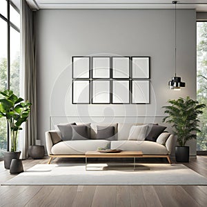 Modern living room interior with sofa and green plants,lamp,table on dark wall background
