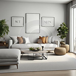 Modern living room interior with sofa and green plants,lamp,table on light wall background