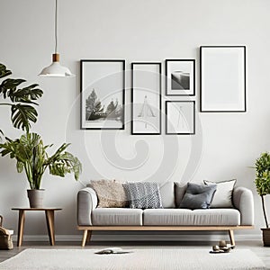 Modern living room interior with sofa and green plants,lamp,table on white wall background