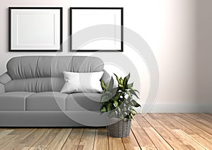 Modern living room interior with sofa and green plants,sofa on concrete wall background. 3d rendering