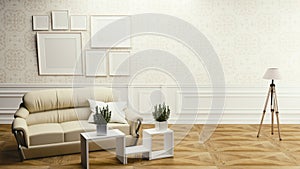 Modern living room interior with sofa lamp and green plants on white wall background. 3d rendering
