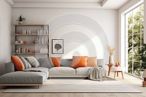 Modern living room interior with a sofa and orange pillows