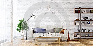 Modern living room interior with sofa and shelf on white brick wall bakcground, 3d render