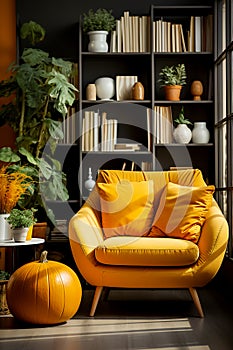 Modern living room interior in the style of the Halloween holiday. The concept of home autumn comfort and decor.