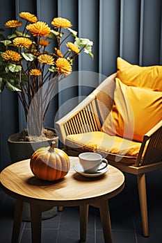 Modern living room interior in the style of the Halloween holiday. The concept of home autumn comfort and decor.