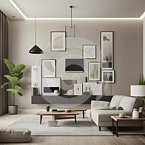 Modern living room interior with stylish furniture, gallery wall, and indoor plants. Cozy home decor concept