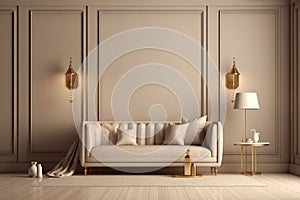 Modern living room interior, stylish light grey sofa, lots of cushion pillows, generative AI