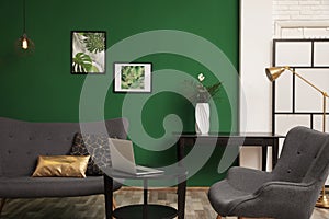 Modern living room interior stylish sofa near wall