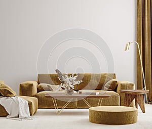 Modern living room interior with stylish velvet sofa, beige carpet and golden floor lamp