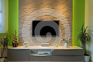 Modern living room interior - tv mounted on brick wall with black screen and ambient light