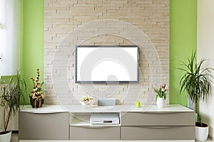 Modern living room interior - tv mounted on brick wall with white screen