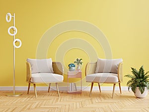 Modern living room interior with two armchair and decor on bright yellow wall