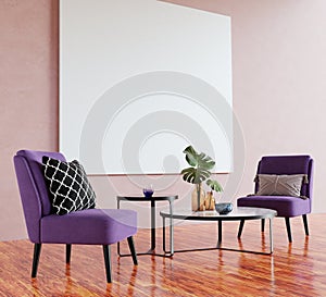 Modern living room interior with two chairs, two coffee tables and big canvas picture mock up. Clipping path included.