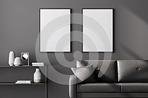 Modern living room interior and two white empty posters on dark grey wall. Black sofa with cushion and chest of drawers