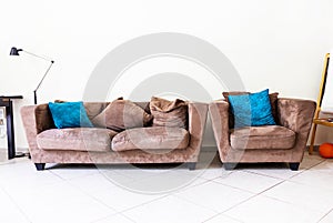Modern living-room interior velour sofa, armchair, pillows, floor lamp. Design concept
