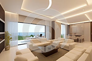 Modern living room interior with white furniture, contemporary lighting, and ocean view through large windows