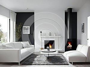 Modern living room interior with white furniture, fireplace, and minimalistic decor