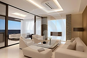 Modern living room interior with white furniture, large windows, and ocean view