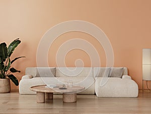 modern living room interior with white and peach fuzz wall, big white sofa with table, 3d