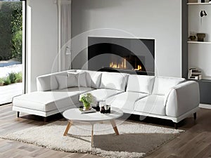 Modern living room interior with white sectional sofa, electric fireplace, and minimalistic decor