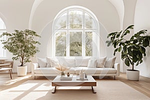 Modern living room interior with white sofa, coffee table and arched window. Minimalist home design concept for mock up, template