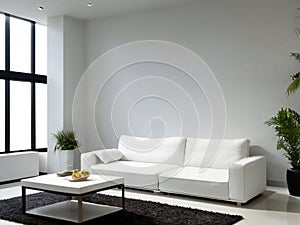 Modern living room interior with white sofa, coffee table, and indoor plants by large windows