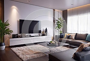 Modern living room interior with white sofa, lots of cute details with coffee table and coffee