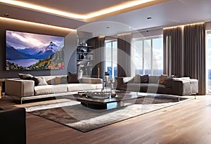 Modern living room interior with white sofa, lots of cute details with coffee table and coffee