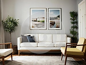 Modern living room interior with white sofa, wooden floors, and framed artwork