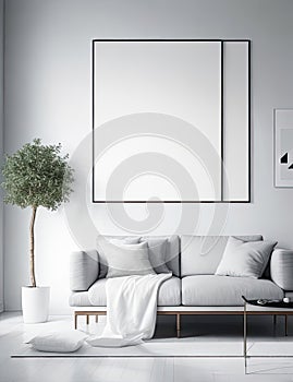 Modern living room interior with white walls, tiled floor, comfortable sofa and mock up poster frame. 3d rendering