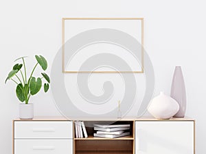 Modern living room interior with a wooden dresser and a horizontal poster mockup, 3D render