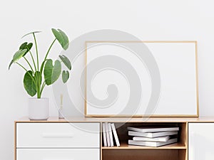 Modern living room interior with a wooden dresser and a horizontal poster mockup, 3D render