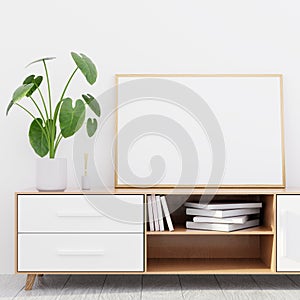 Modern living room interior with a wooden dresser and a horizontal poster mockup, 3D render photo