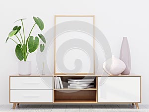 Modern living room interior with a wooden dresser and a poster mockup, 3D render